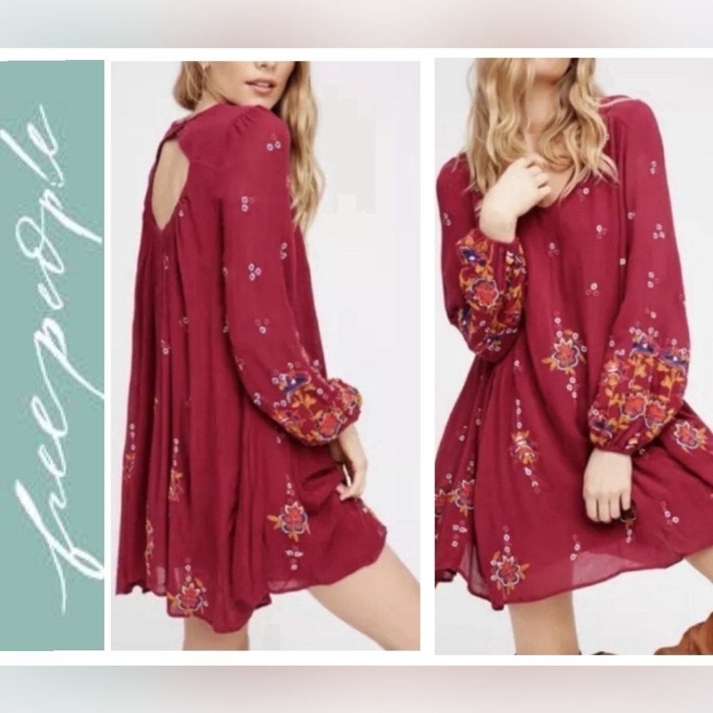 Free People Oxford embroidered mini tunic dress in burgundy, keyhole back, S